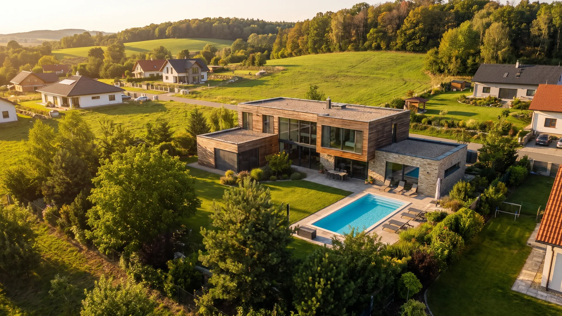 Drohnenaufnahmen von Immobilien: Einfamilienhaus mit Garten und Pool von oben