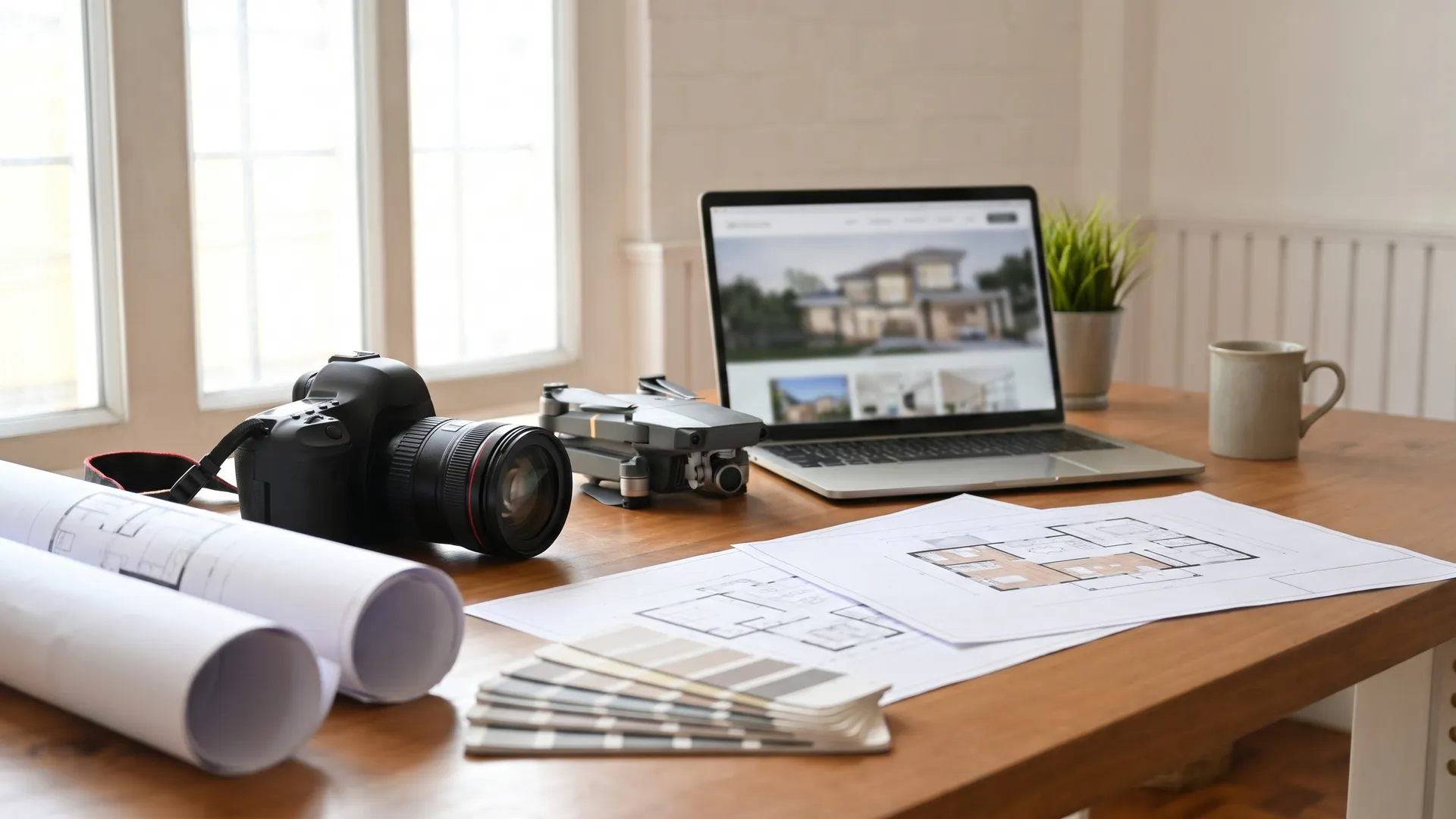 Realitný marketing pod jednou strechou: fotoaparát, dron, web a pôdorysy na jednom stole