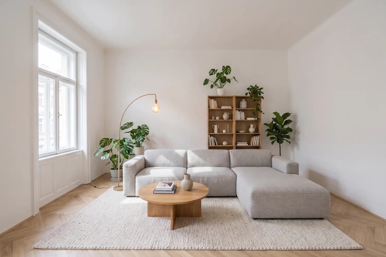 The same living room after virtual staging, furnished in a Scandinavian style
