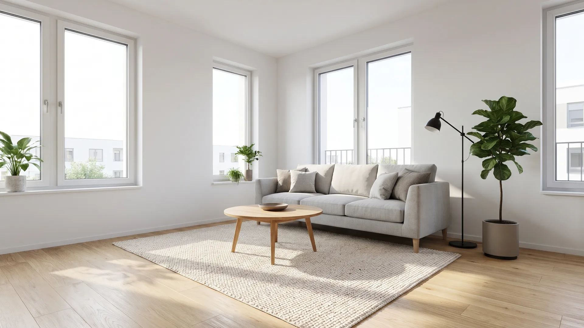 Virtual staging of a living room in a new-build flat, digitally furnished for sale