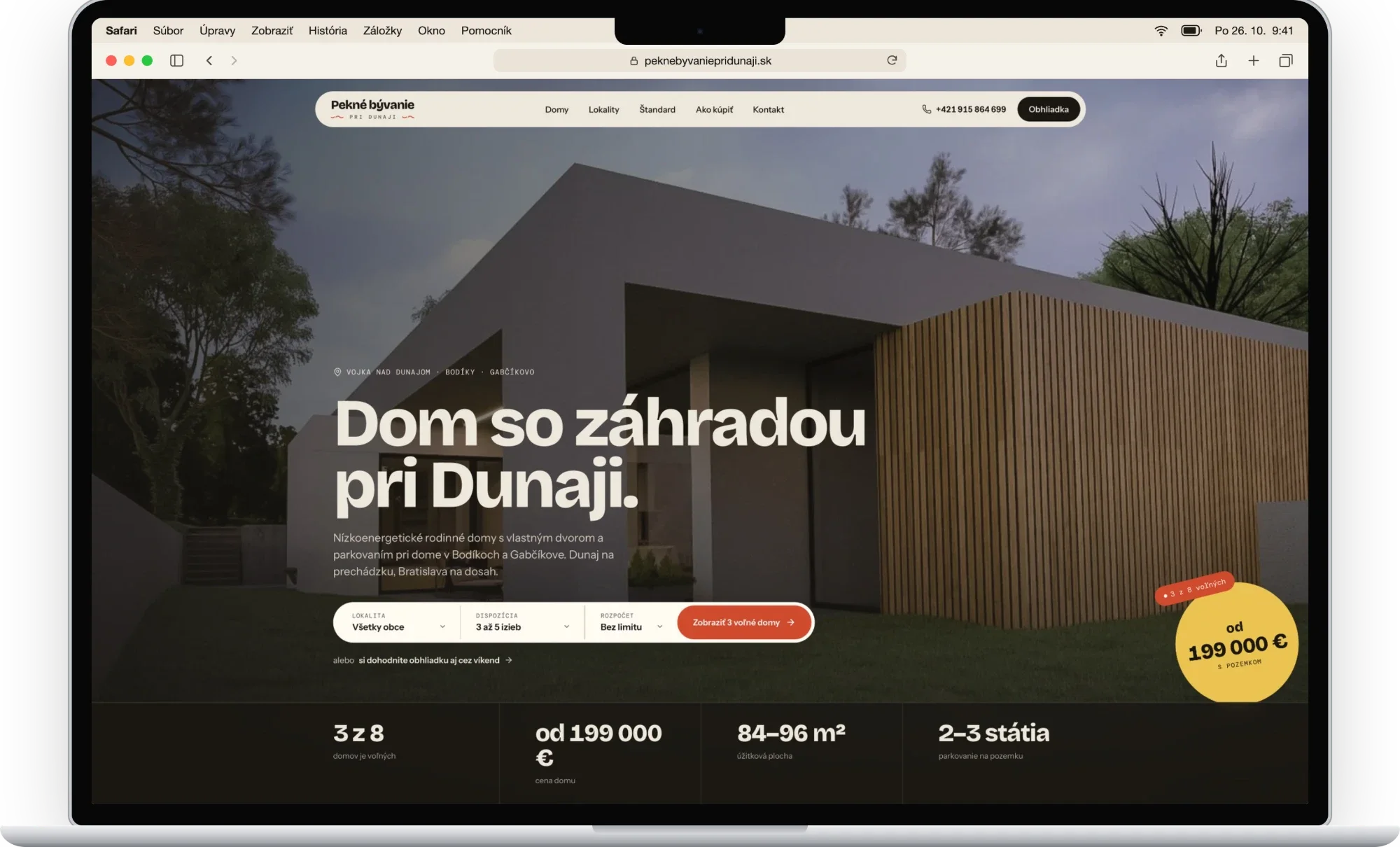 Úvod predajného webu Pekné bývanie pri Dunaji s filtrom domov